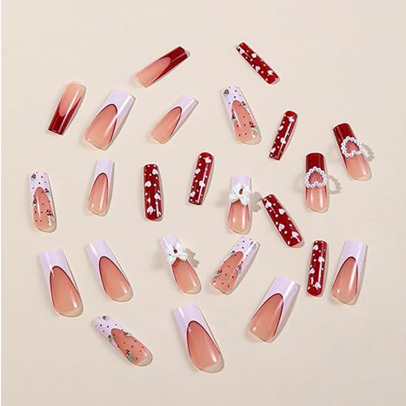24 PCS Strawberry Bow Nail Art, Long Length Long Water Pipe Fake Nails,Square Head Nail Tips False Nail - Image 8