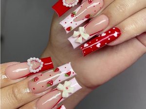 24 PCS Strawberry Bow Nail Art, Long Length Long Water Pipe Fake Nails,Square Head Nail Tips False Nail