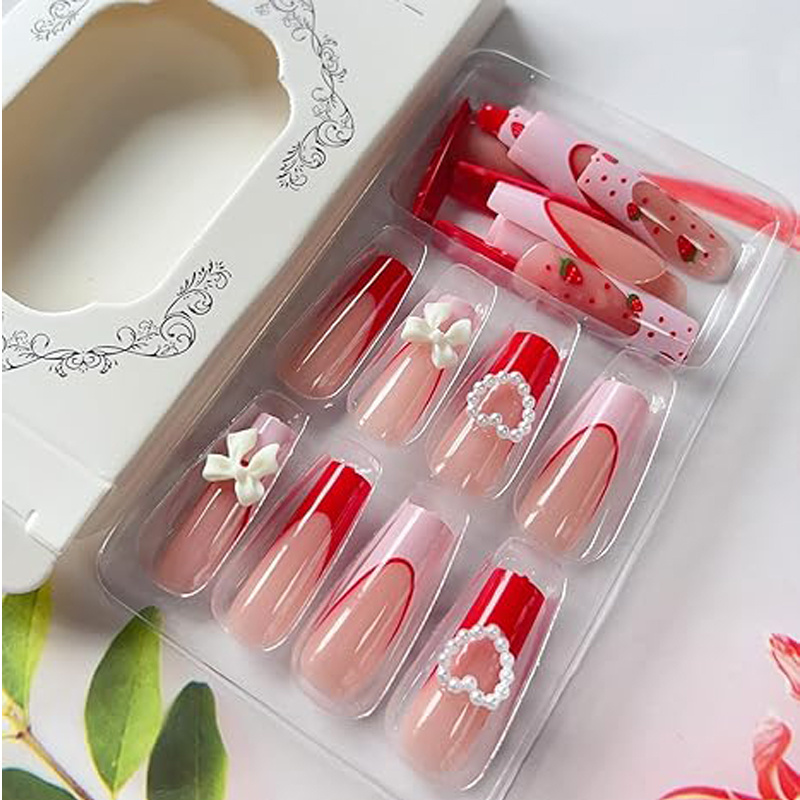 24 PCS Strawberry Bow Nail Art, Long Length Long Water Pipe Fake Nails,Square Head Nail Tips False Nail - Image 9