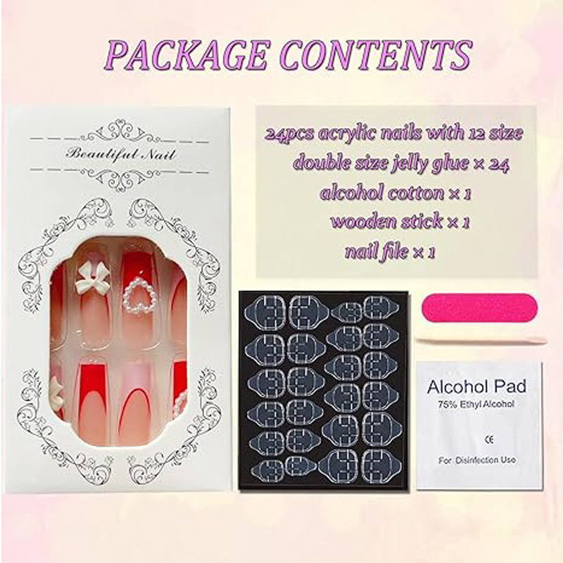 24 PCS Strawberry Bow Nail Art, Long Length Long Water Pipe Fake Nails,Square Head Nail Tips False Nail - Image 5
