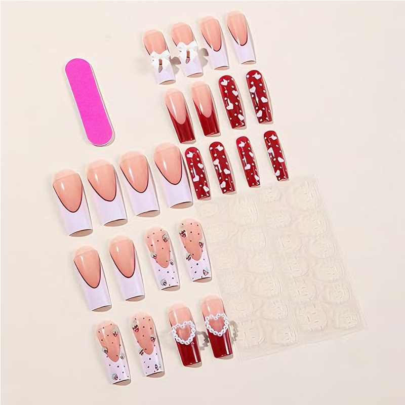 24 PCS Strawberry Bow Nail Art, Long Length Long Water Pipe Fake Nails,Square Head Nail Tips False Nail - Image 7