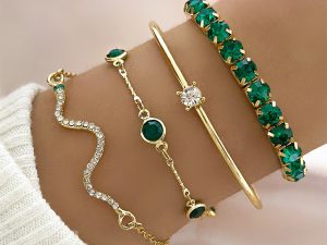 4pcs Bracelet Suit Fashion Green Grandmother Diamond Stretch Bracelet Women's Set