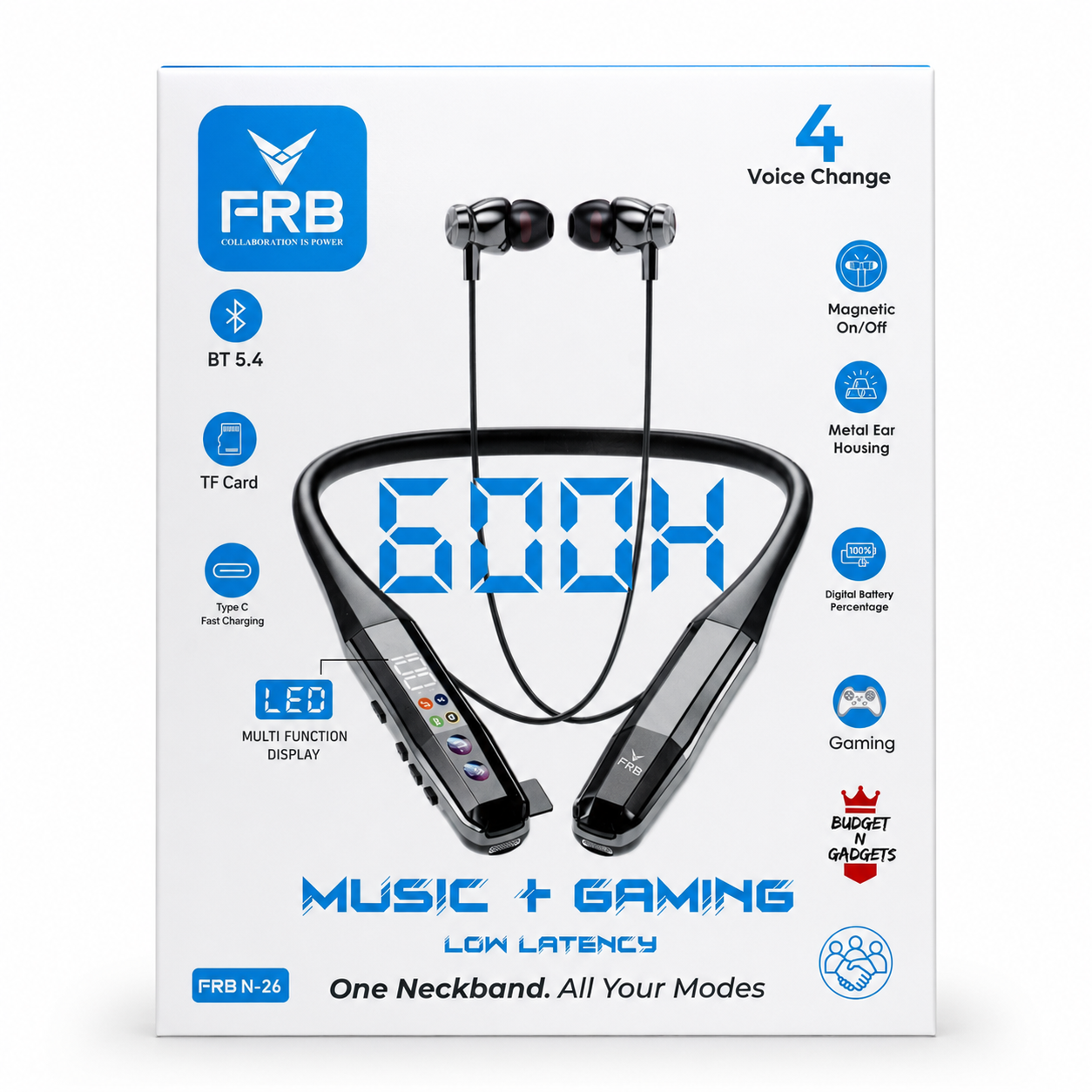 FRB N-26 Wireless Bluetooth 5.4 Neckband Earphone - 600 Hours Standby - Image 3